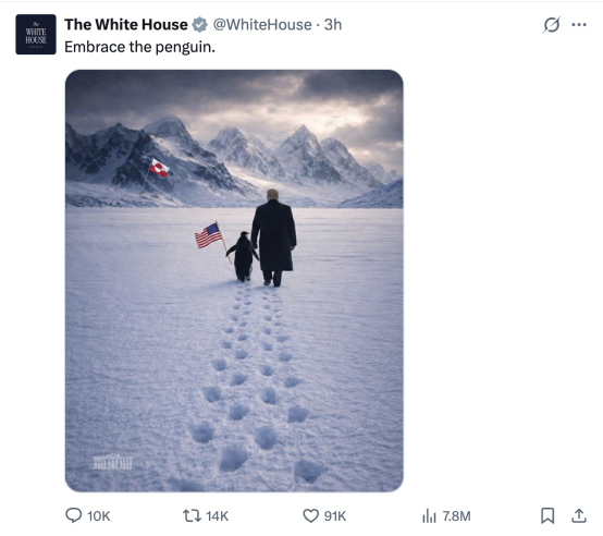 白宫发特朗普在格陵兰岛牵企鹅AI图,网友“惊呆”:格陵兰岛没有企鹅啊…… 第1张 白宫发特朗普在格陵兰岛牵企鹅AI图,网友“惊呆”:格陵兰岛没有企鹅啊…… 第1张